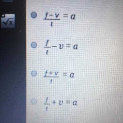 The equation f = v + at represents the final velocity of an object, f, with an initial velocity, v,