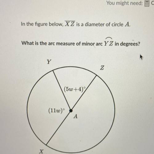 In the figure below, X Z is a diameter of circle A. What is the arc measure of minor arc Y Z in deg