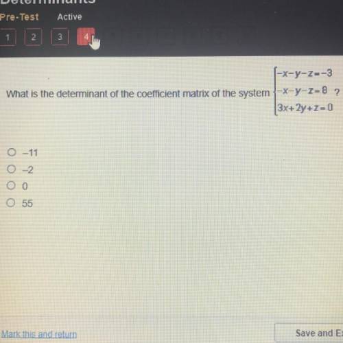 HELP!! 20 points!  What is the determinant of the coefficient matrix of the system{-x-y-z=-3 -x-y-z