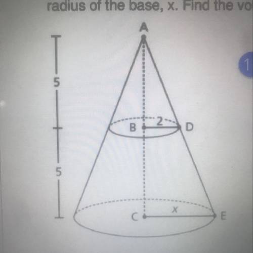 1.what is the volume of the small cone in terms of pi  2.what is the volume of the large cone in te