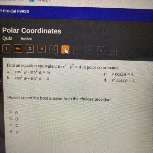 Find an equation equivalent to x^2-y^2=4 in polar coordinates
