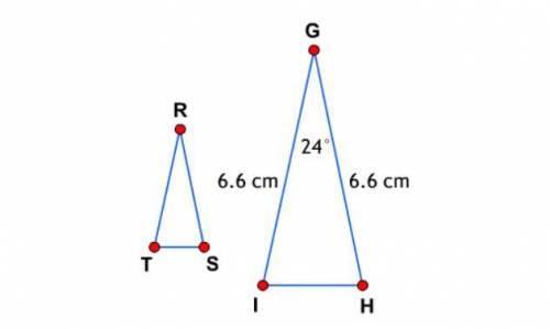 Given that △RST∼△GHI, what is the measure of ∠RTS? two triangles m∠RTS=24 degrees m∠RTS=156 degrees