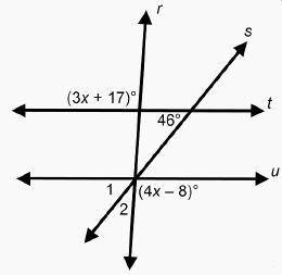 Parallel lines t and u are cut by two transversals, r and s, which intersect line u at the same poi