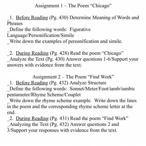 CAN SOMEONE PLEASE ANSWER THIS Assignment 1 - The Poem “Chicago” _1. Before Reading (Pg. 430)