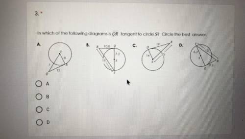 In which of the following diagrams is QR tangent to circle S