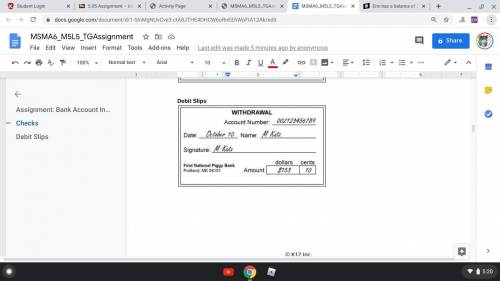 Mrs. Katz's checks debit, slips, and deposits shown below. Use the informartion to help Mrs. Katz's