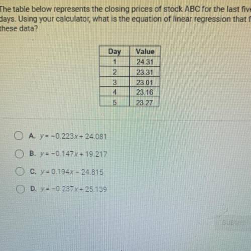 The table below represents The closing prices of stock at ABC for the last five days using your Cal
