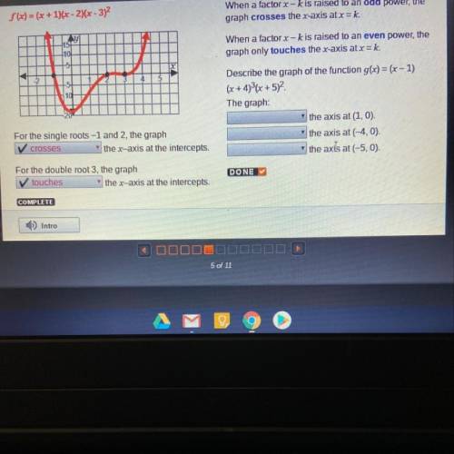 Describe the graph of the function g(x)=(x-1)(x+4)^3(x+5)^2 The graph  The axis at (1,0) Crosses  D