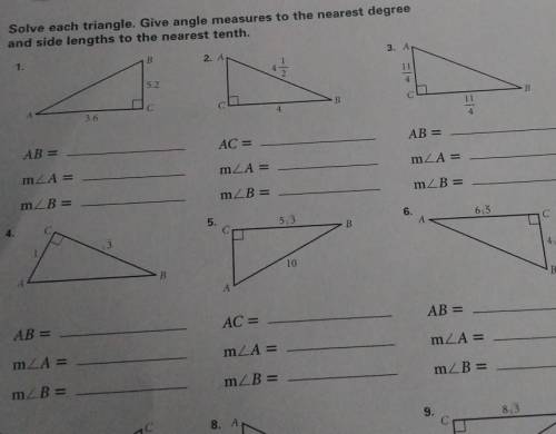Solve each triangle. Give angle measures to the nearest degreeand side lengths to the nearest tenth
