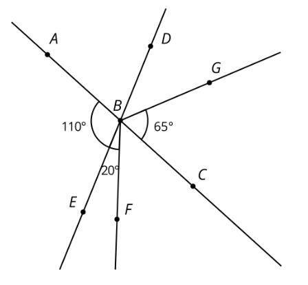 B is the intersection of line AC and line ED. Find the measure of each of the angles. The measure o