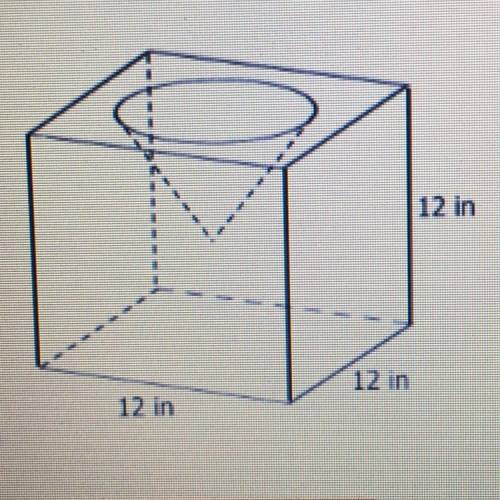 A cone is cut into a cube as shown below. If the cone has a diameter of 9 inches with a slant heigh