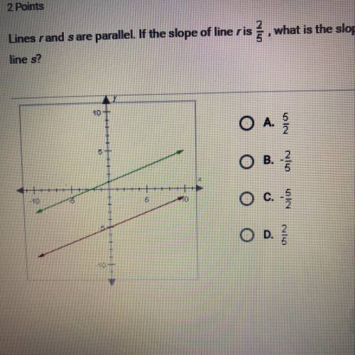 Lines r and s are parallel. If the slope of line r is 2/5 what is the slope of line s?