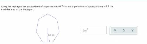 A regular heptagon has an apothem of approximately 6.7 cm and a perimeter of approximately 45.5 cm.