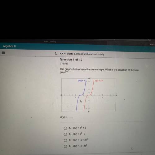 The graphs below have the same shape. What is the equation of the blue

graph?
G(x) =
A. G(x) = x^