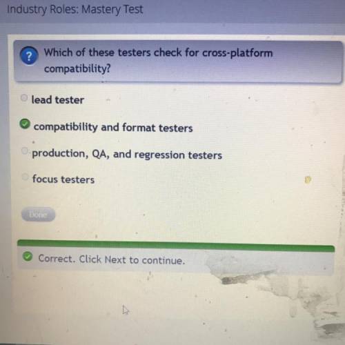 Which of these testers check for cross-platform

compatibility?
A. lead tester
B. compatibility an