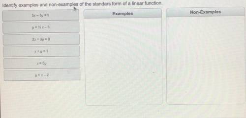 Identify examples and non-examples of the standard form of a linear function.

5x - 3y = 9
y = 1/2