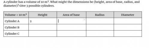 How do you find the dimensions of a cylinder (height, radius, diameter and area of the base) when y