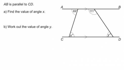 AB is parallel to CD,
a) Find the value of angle x.
b) work out the value of angle y.