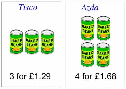 Two shops, Tisco and Azda, sell the same brand of baked beans with the following deals.

Calculate