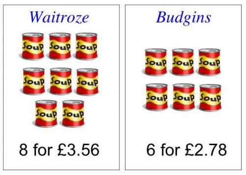 Two shops, Waitroze and Budgins sell the same brand of cans of soup but with different offers.

Ca