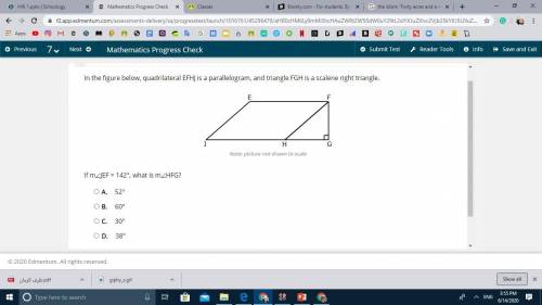 In the figure below, quadrilateral EFHJ is a parallelogram, and triangle FGH is a scalene right tri