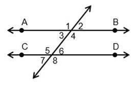 Two parallel lines,AB←→ and CD←→, are cut by a transversal as shown in the figure. If m∠4 = 125°, w