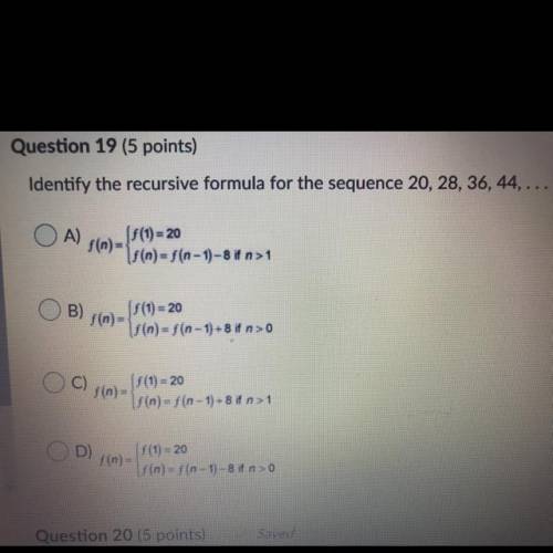 Identify the recursive formula for the sequence 20, 28, 36, 44,.
