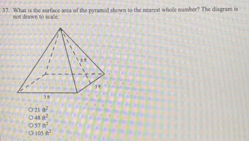 What is the surface area of the pyramid shown to the nearest whole number? The diagram is not drawn