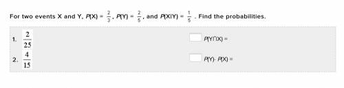 For two events X and Y , P(x)= 2/3, P(y)= 2/5, P(x/y)=1/5. Find the probabilities.