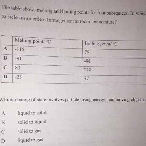the table shows the melting and boiling points for four substances. In which are the particles in a