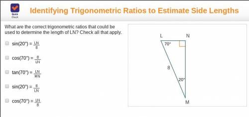 What are the correct trigonometric ratios that could be used to determine the length of LN? Check a