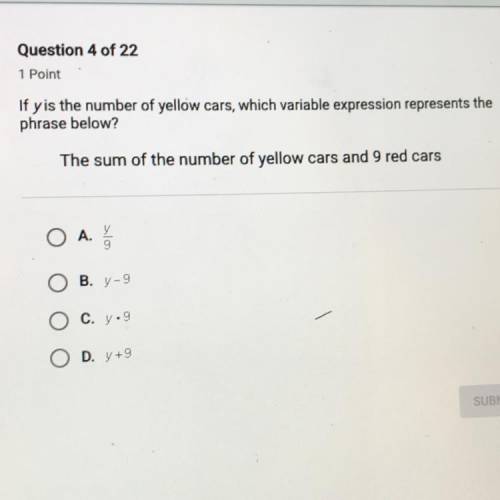 If y is the number of yellow cars which variable expression represents the phrase below? The sum of