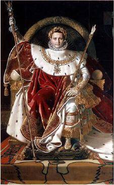 Answer the following question in 3-4 complete sentences. A painting of Napoleon sitting on a throne