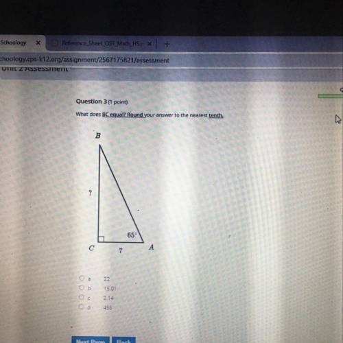 What does BC equal? Round your answer to the nearest tenth.

A. 22
B. 15.01
C. 2.14
D. 455