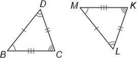 Which congruence statement correctly compares the two triangles shown? answers: A) ΔBCD ≅ ΔMKL B) Δ