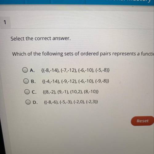 Select the correct answer.
Which of the following sets of ordered pairs represents a function?