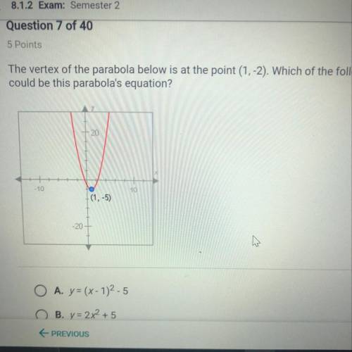 The vertex of the parabola below is at the point (1, -2). Which of the following

could be this pa