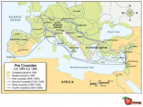 NEED HELP ASAP

The following map shows the Crusades from 1095 A.D. (CE) through 1204 A.D. (CE). U