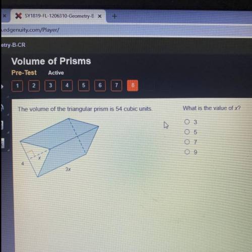The volume of the triangular prism is 54 cubic units.

What is the value of x?
оооо
con w
4
3х