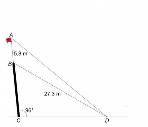 A flagpole AB, of height of 5.8 m, stands on top of a wall BC. ABC forms a straight line. The wall