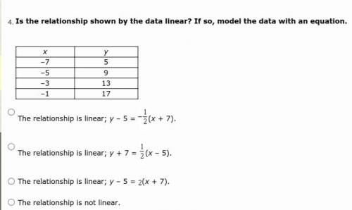 Is the relationship shown by the data linear? If so, model the data with an equation. A. The relati