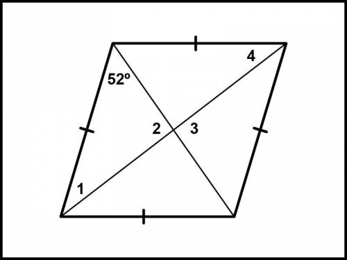 Find the missing angle measures in the given rhombus.