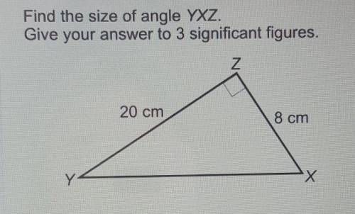 Find the size of angle YXZ.

Give your answer to 3 significant figures.Z20 cm8 cmX