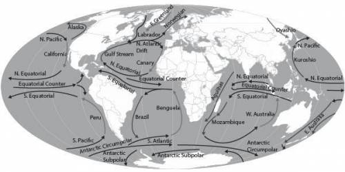 The figure below shows ocean currents. Where will climate change slow the currents the most, causin