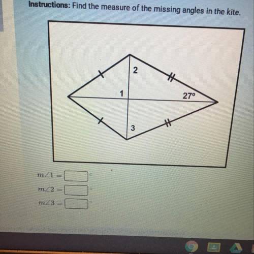 Instructions: Find the measure of the missing angles in the kite.
Please help!