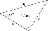 The picture shows a triangular island: Which expression shows the value of q?

a. r cos 55° b. r s