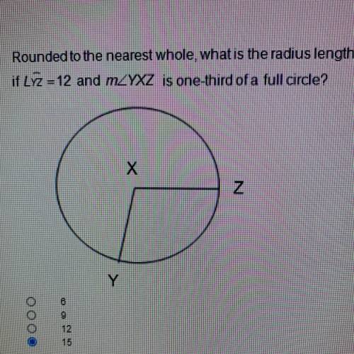 rounded to the nearest whole, what is the radius length if minor arcYZ = 12 and angleYXZ is one-thi