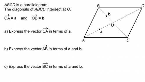 ABCD is a paralellogram. The diagoanls of ABCD intersect at O A) Express the vector CA in terms of