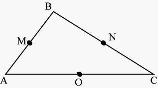 The triangle ABC in the figure provided has midpoints labeled M and N and O. Complete the following