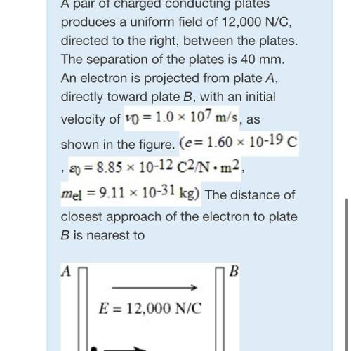A pair of charged conducting plates produces a uniform field of 12,000 N/C, directed to the right,
